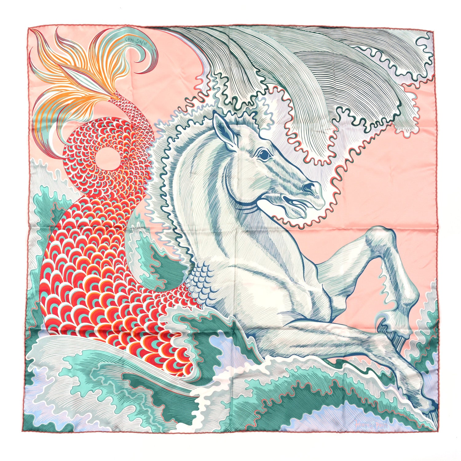Hermes Silk Cheval Sirene Double Face 90 Rose Poudre Vert Corail 1 of 4