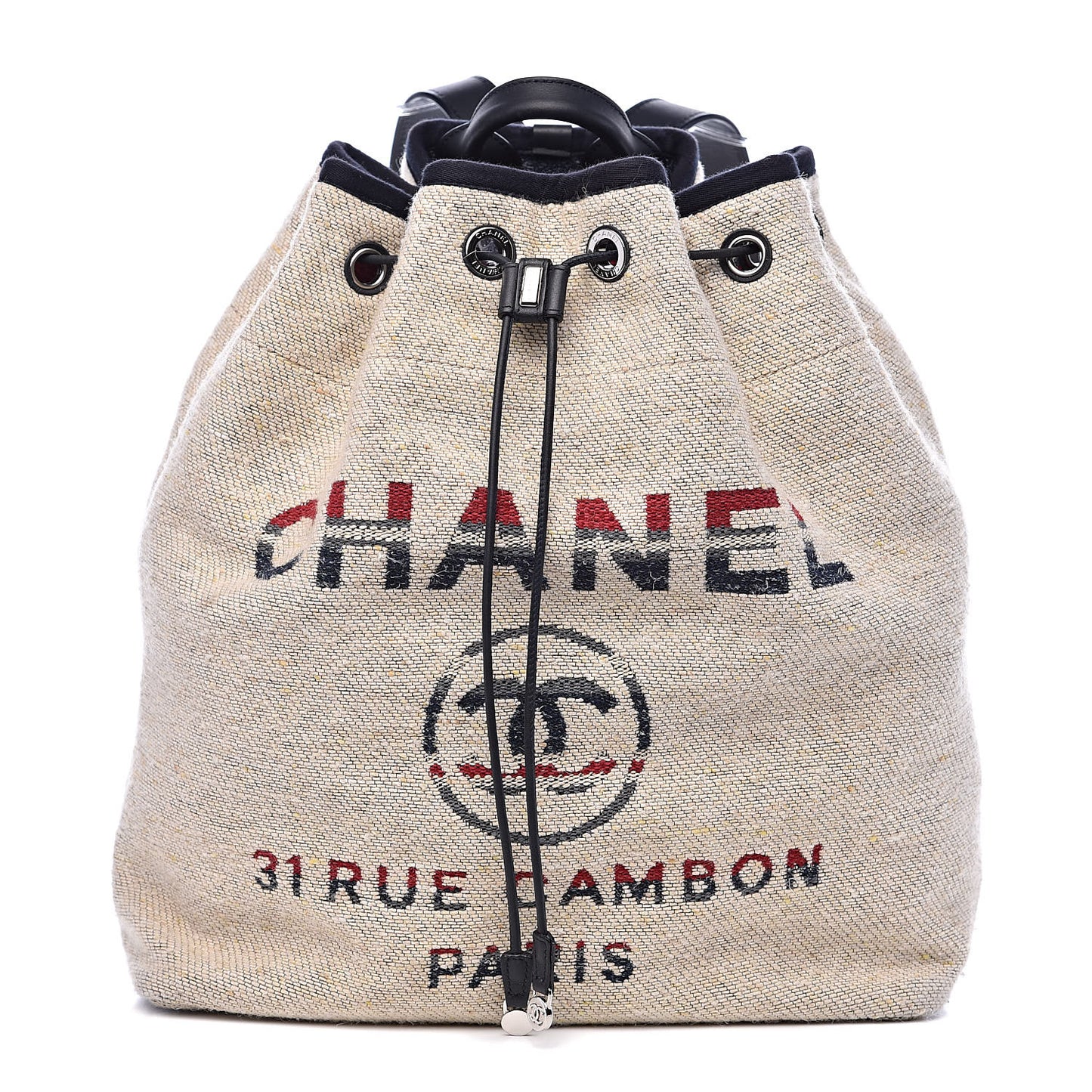 Striped Canvas Large Deauville Backpack Beige