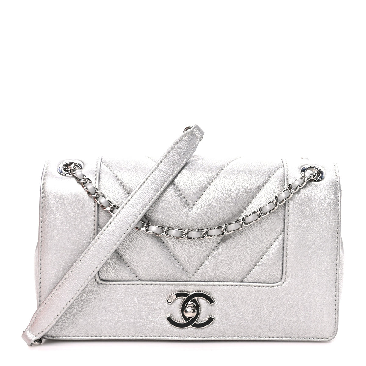 Metallic Sheepskin Chevron Quilted Small Vintage Mademoiselle Flap Silver