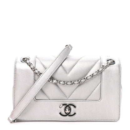 Chanel Metallic Sheepskin Chevron Quilted Small Vintage Mademoiselle Flap Silver 1 of 11