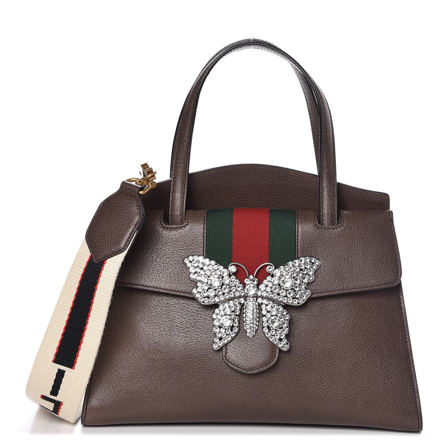 Gucci Textured Calfskin Web Crystal Butterfly Stripe Medium Totem Top Handle Bag New Acero 1 of 8