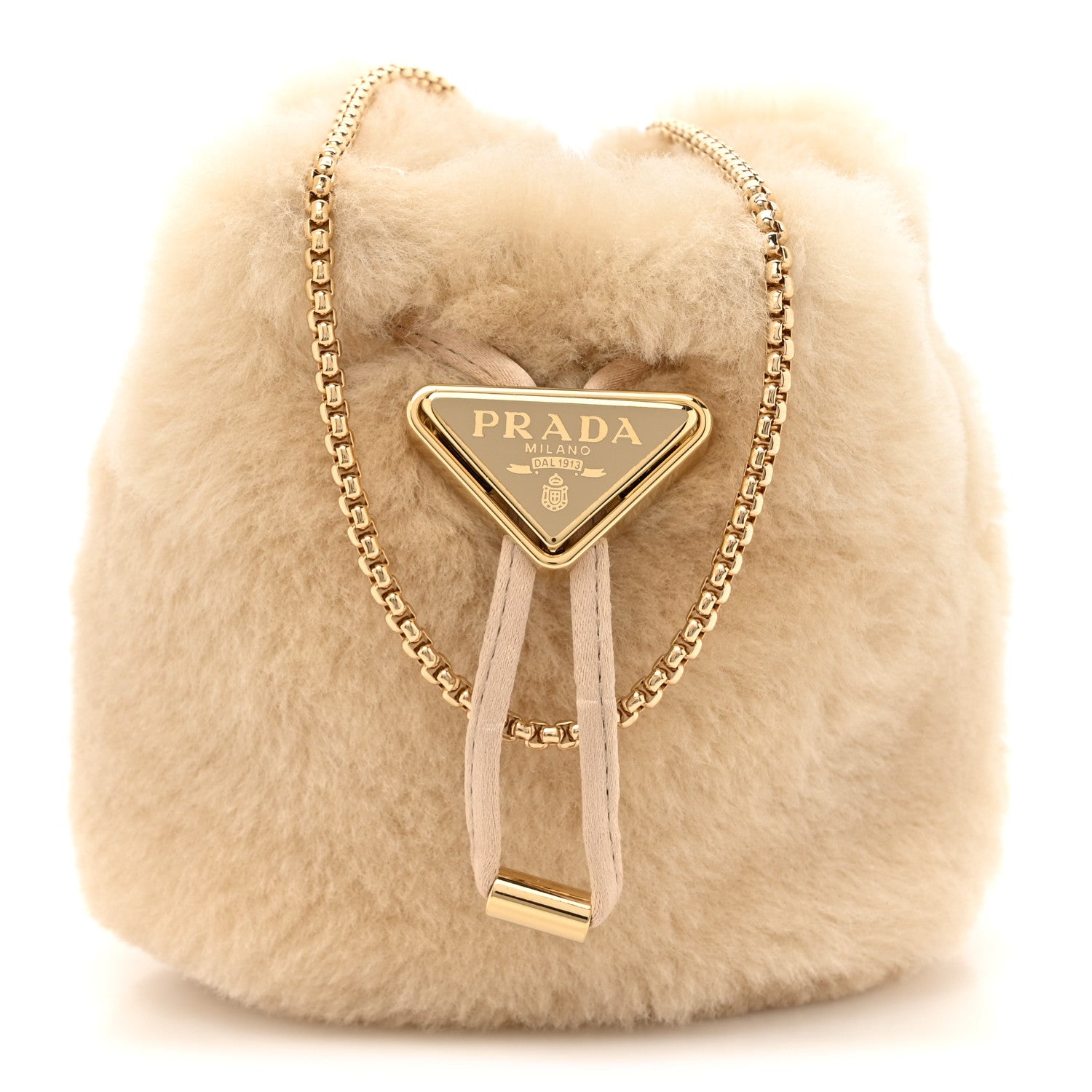 Prada Shearling Metal Triangle Logo Mini Drawcord Pouch Shoulder Bag Ecru 1 of 11