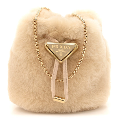 Prada Shearling Metal Triangle Logo Mini Drawcord Pouch Shoulder Bag Ecru 1 of 11