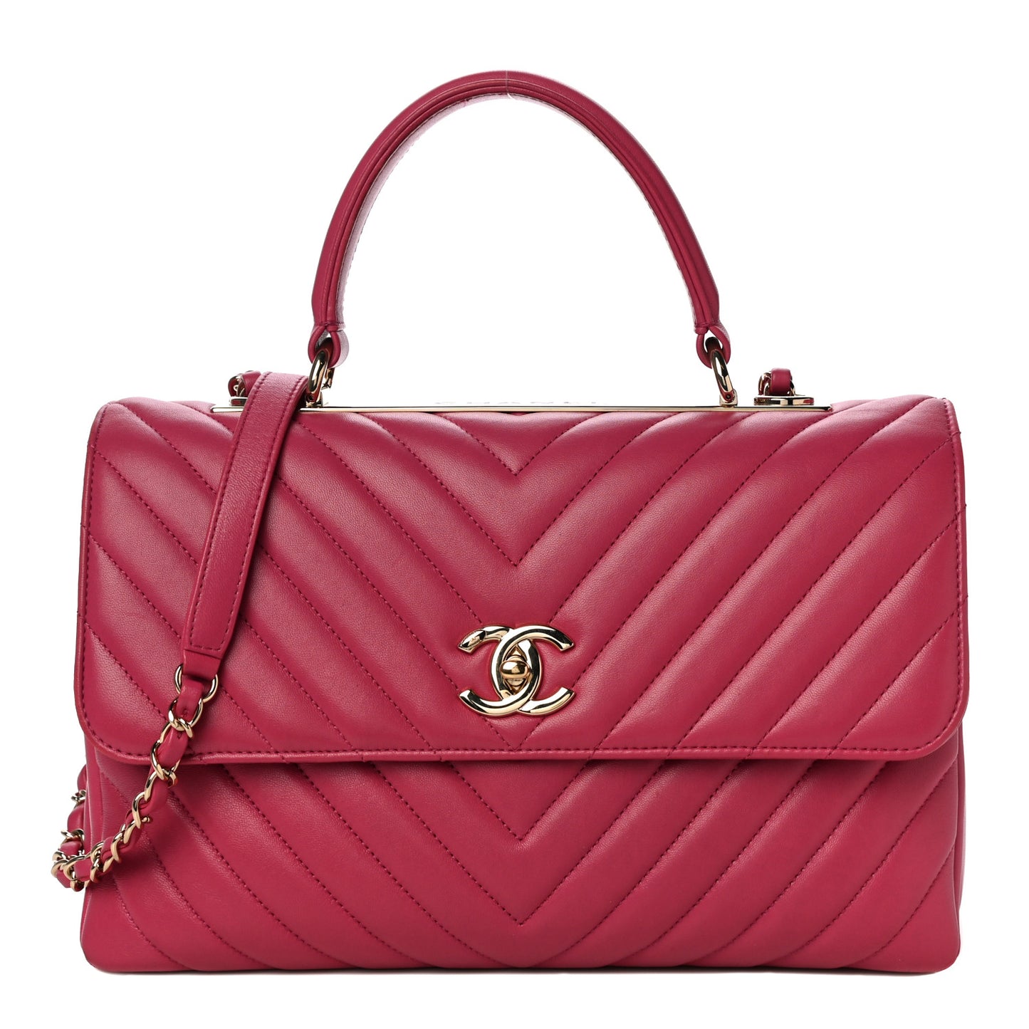 Lambskin Chevron Quilted Medium Trendy CC Dual Handle Flap Bag Dark Pink