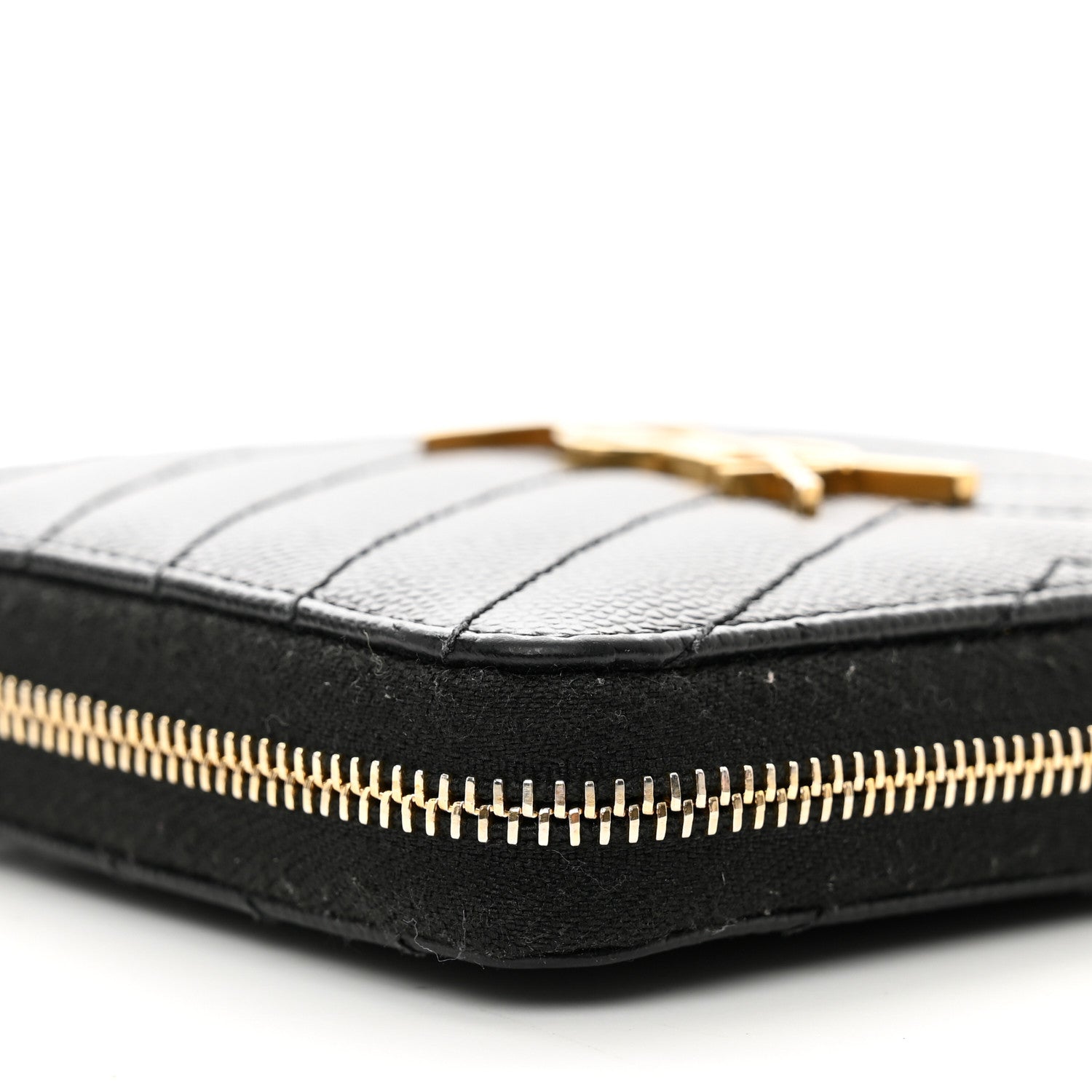 Saint Laurent Grain De Poudre Matelasse Chevron Monogram Compact Zip Around Wallet Black 8 of 9