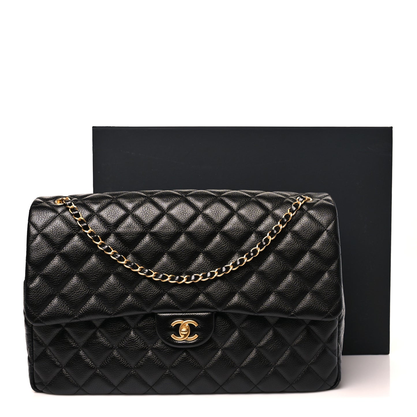 Grained Calfskin Quilted XXL Travel Flap Bag Black