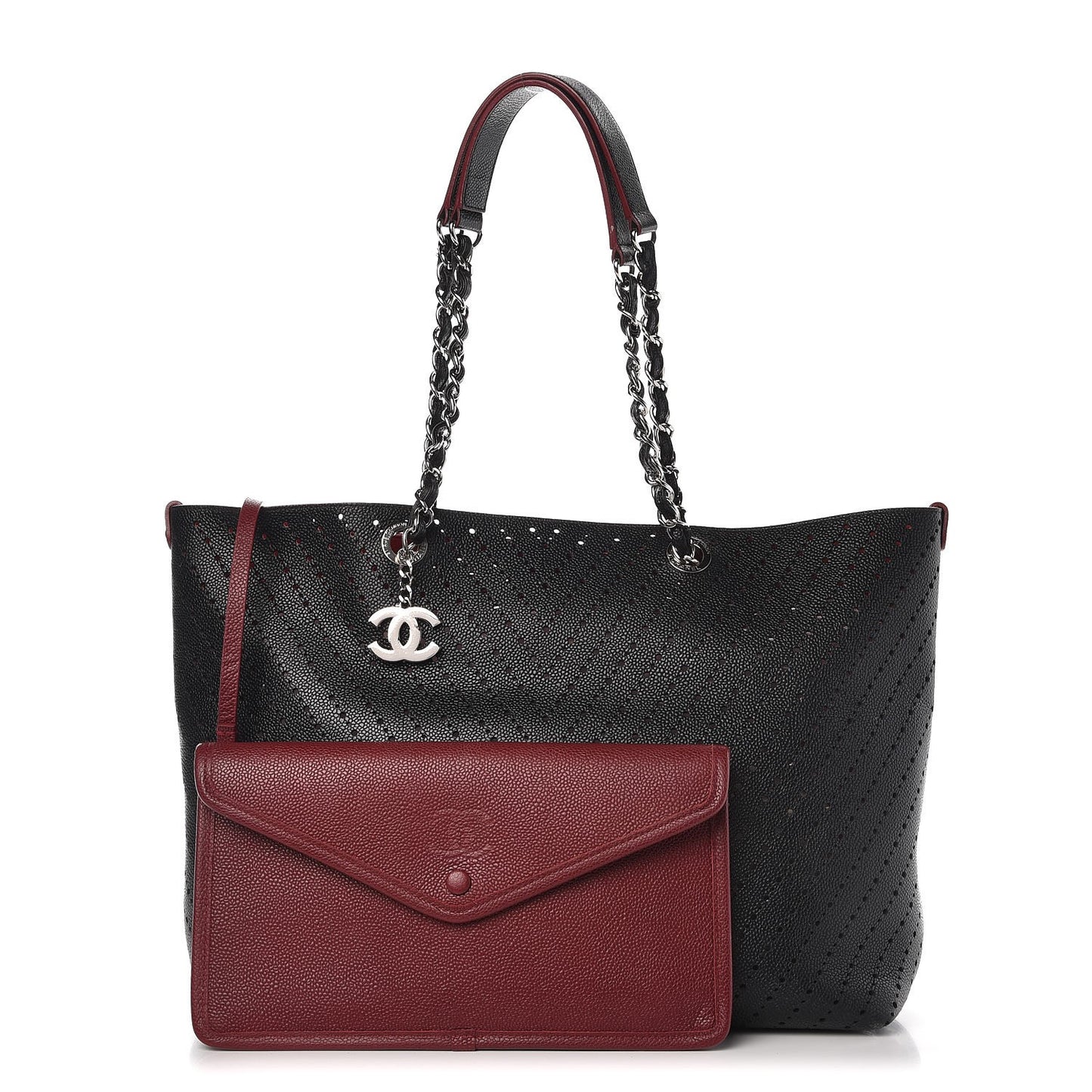 Perforated Grained Calfskin Large Shopping Tote Black