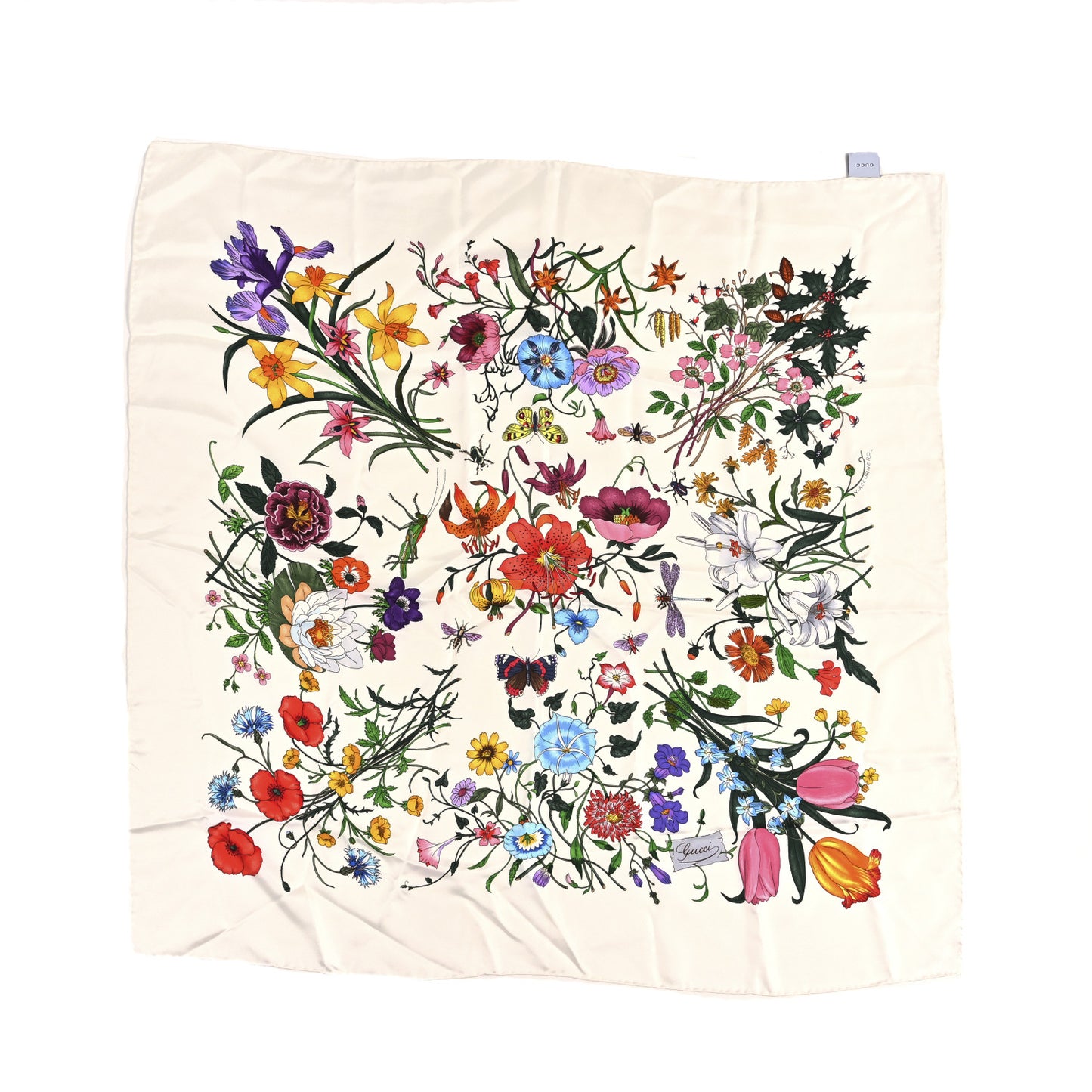 Silk Twill Flora Square Scarf White