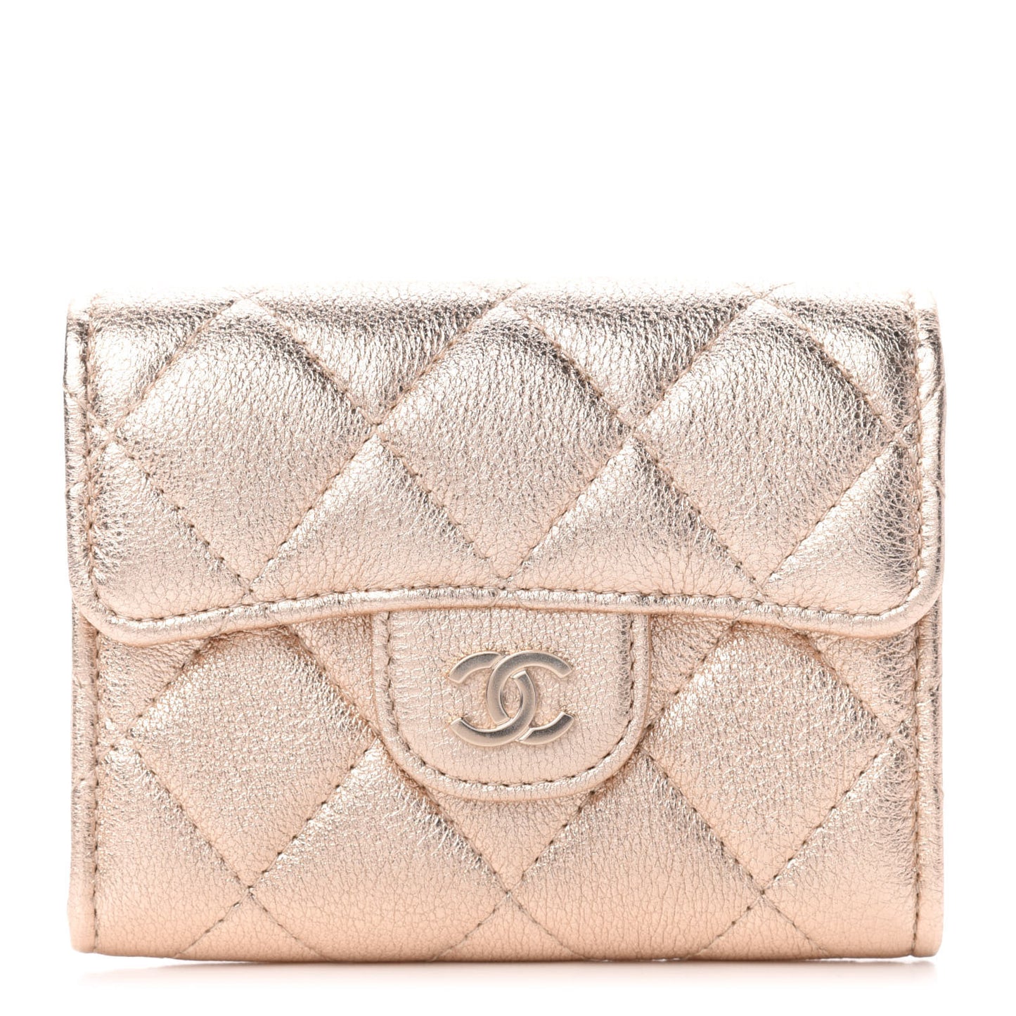 Metallic Lambskin Quilted Flap Card Holder Wallet Gold