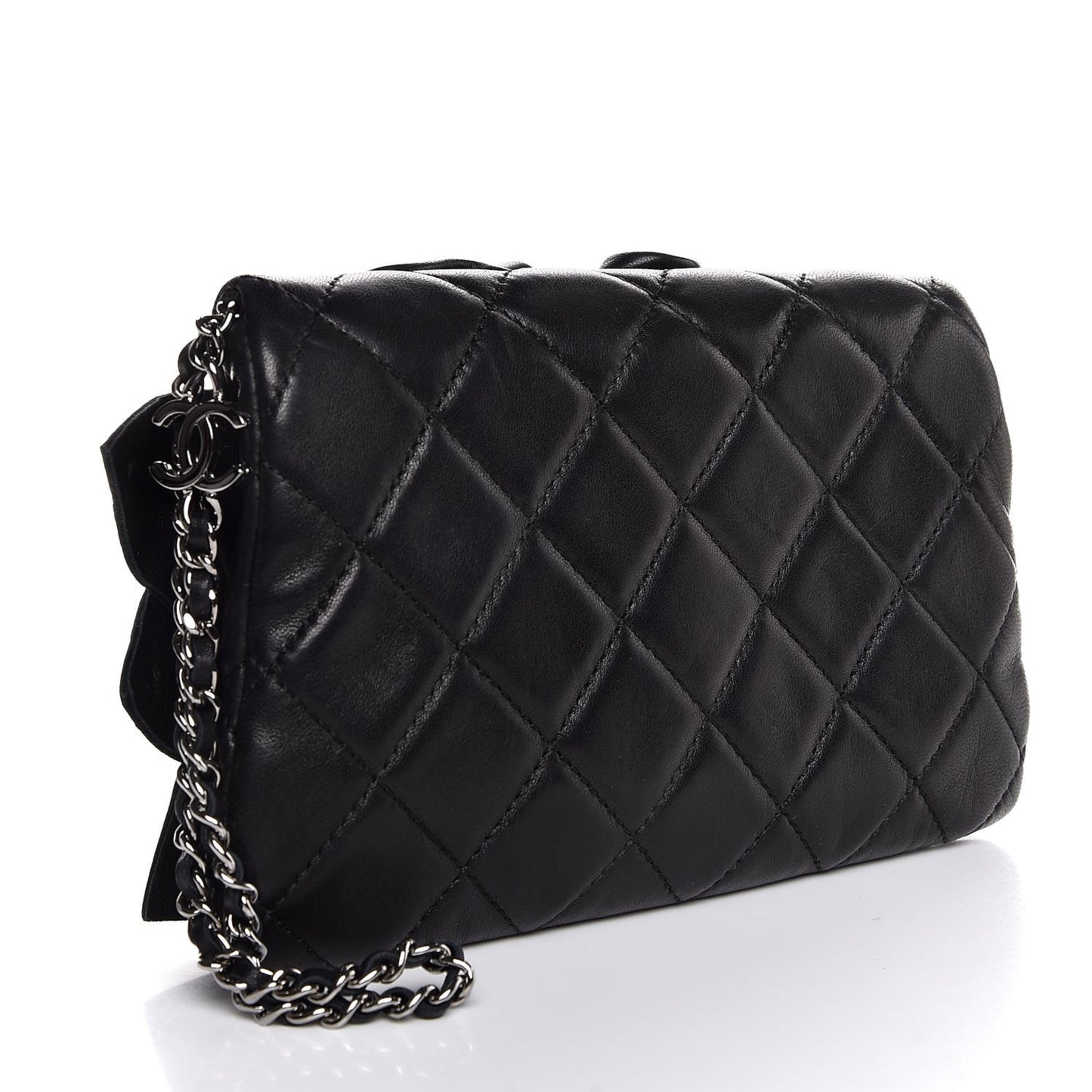 Lambskin Quilted Camellia Wristlet Black
