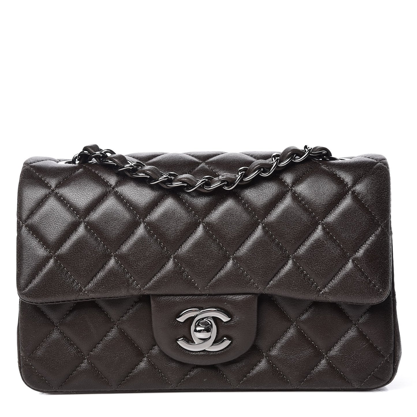 Lambskin Quilted Mini Rectangular Flap Dark Brown