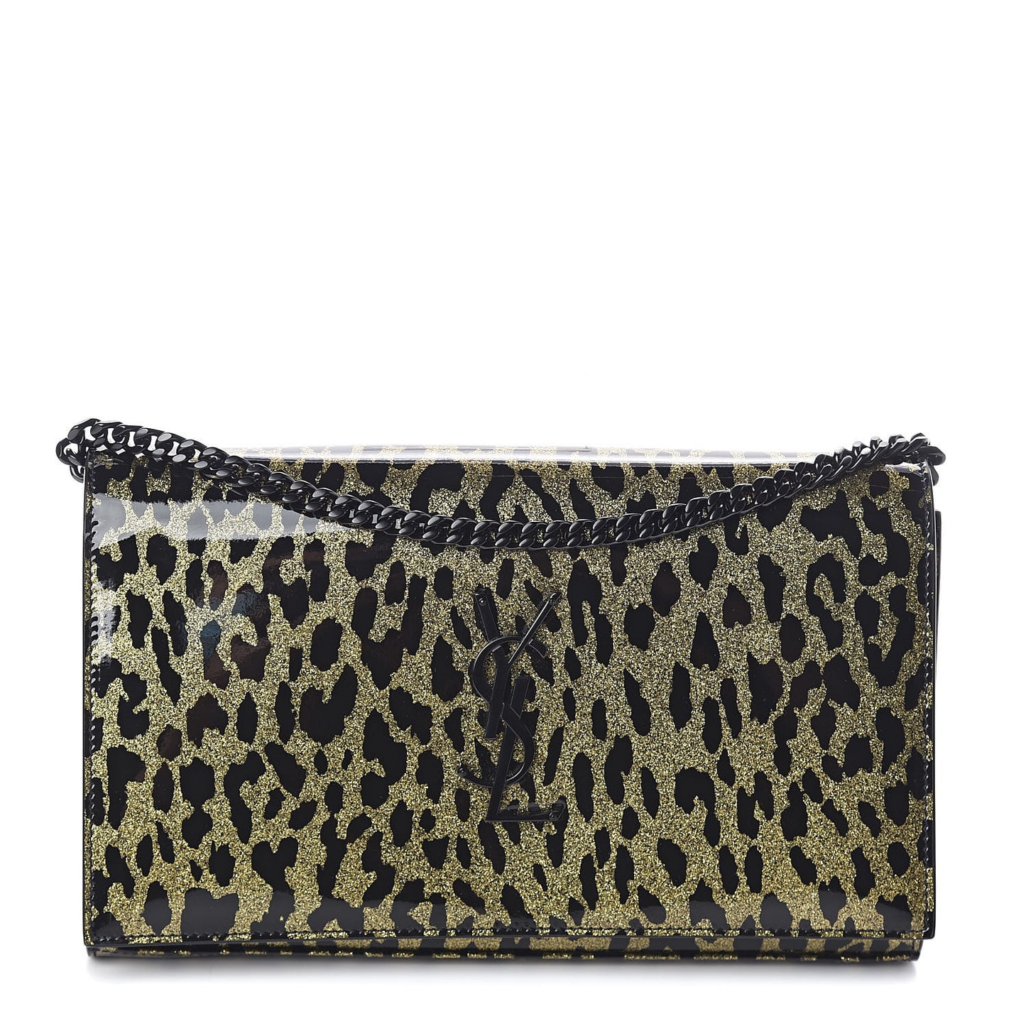 Patent Leopard Print Monogram Chain Wallet Black Gold