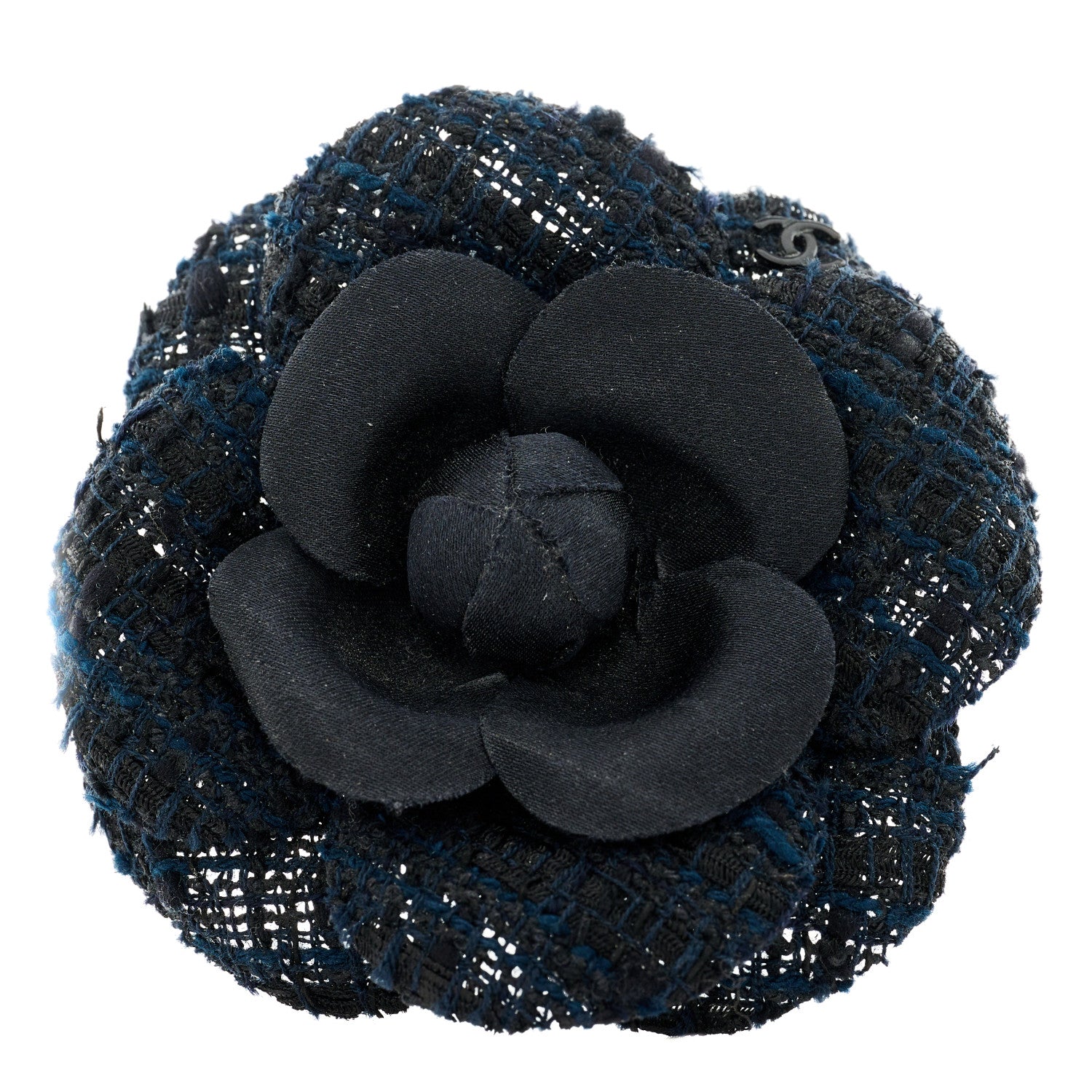 Chanel Tweed Camellia Pin Brooch Black 1 of 3