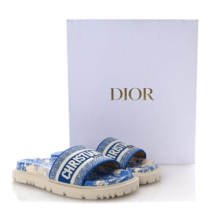 Christian Dior Canvas Fluo Toile de Jouy Embroidered Dway 10mm Slide Sandals 37.5 White Blue 10 of 10