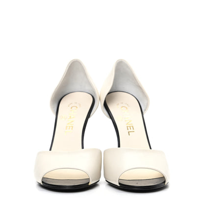 Chanel Lambskin Pearl Peep Toe d'Orsay Pumps 37.5 White Black 2 of 8
