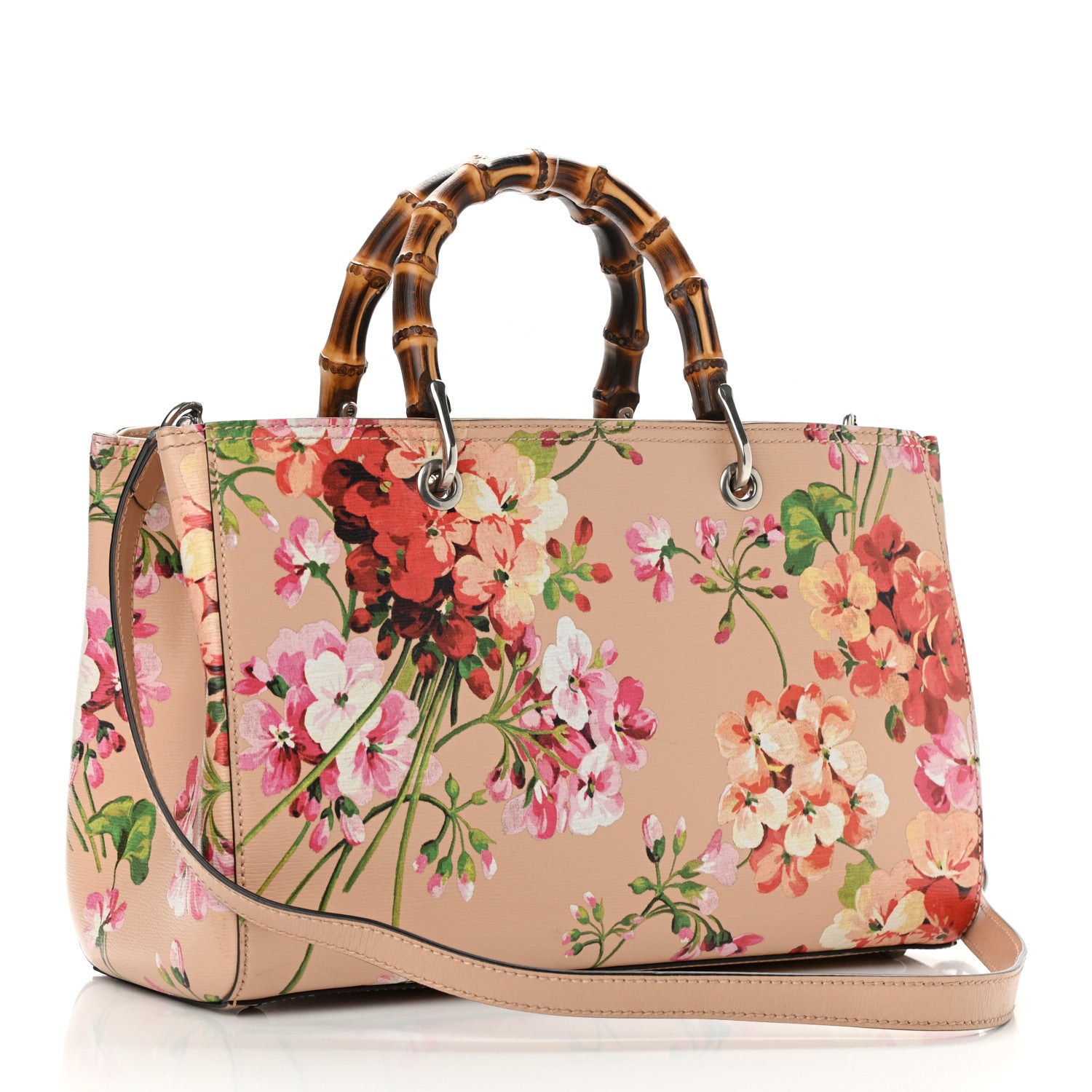 Gucci Shangai Calfskin Blooms Print Medium Bamboo Shopper Tote Pink Apricot Multicolor 3 of 12