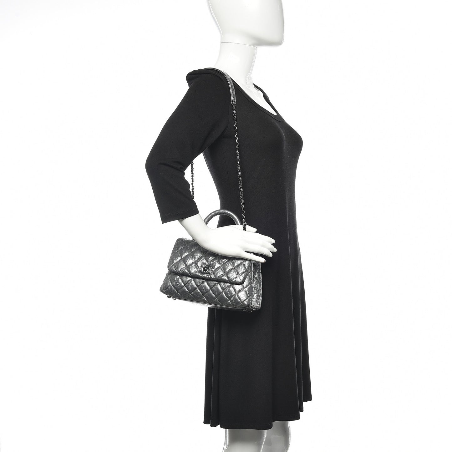 Metallic Aged Calfskin Quilted Mini Coco Handle Flap Charcoal