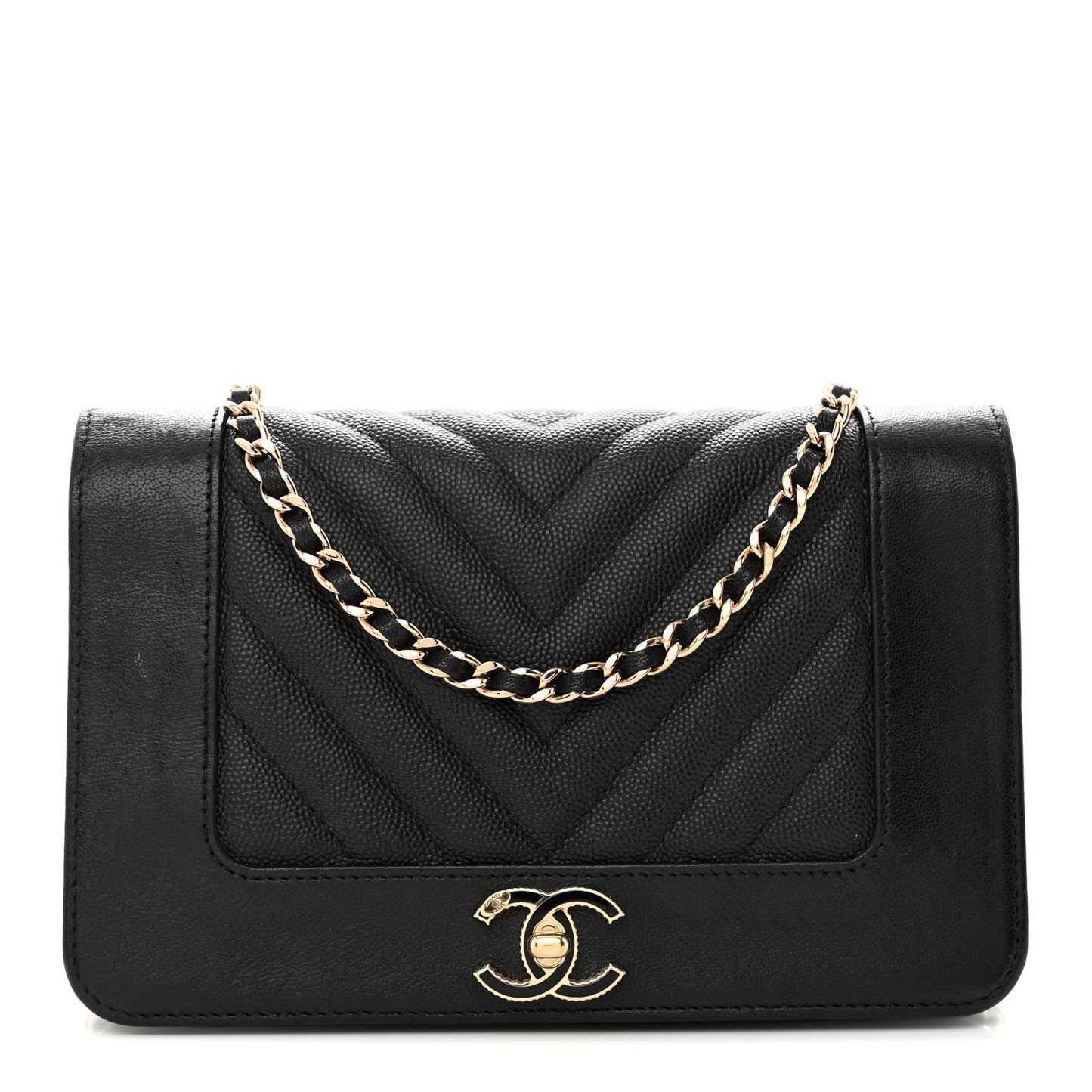 Caviar Chevron Quilted Vintage Mademoiselle Wallet On Chain WOC Black