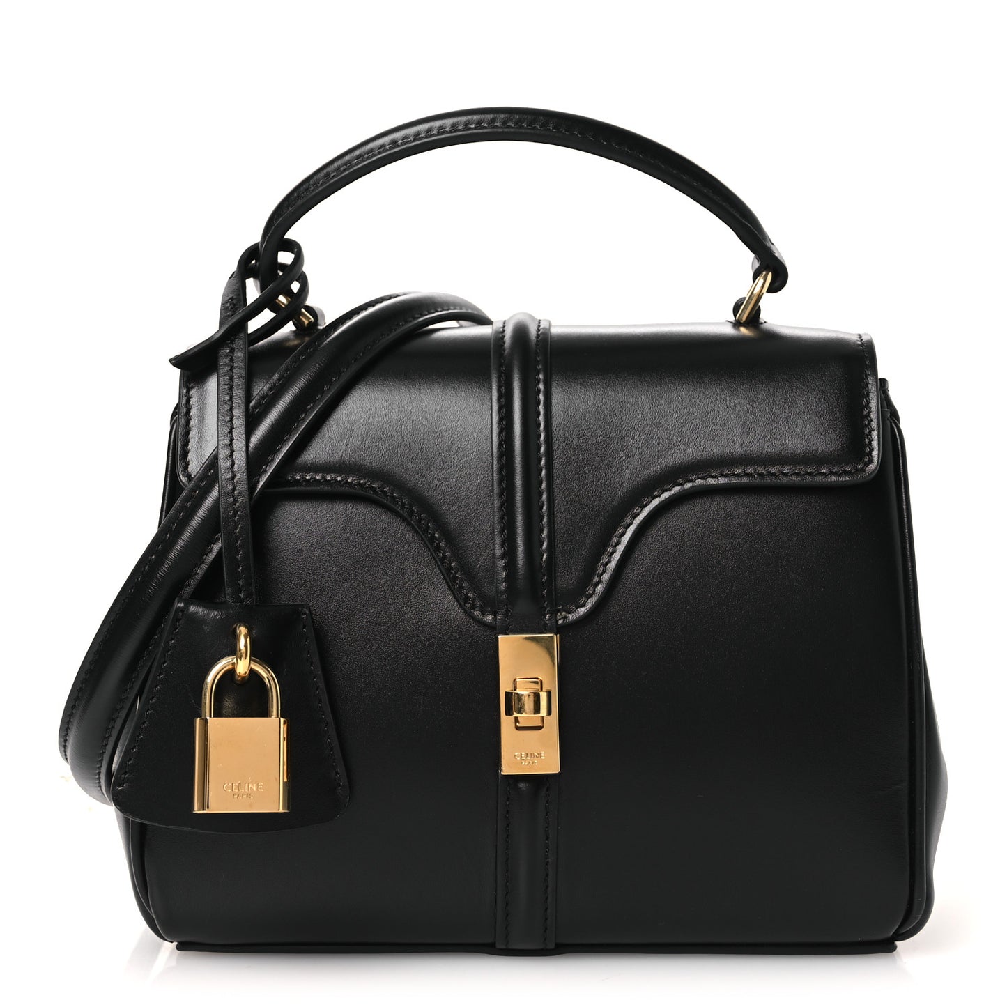Satinated Calfskin Mini 16 Top Handle Bag Black