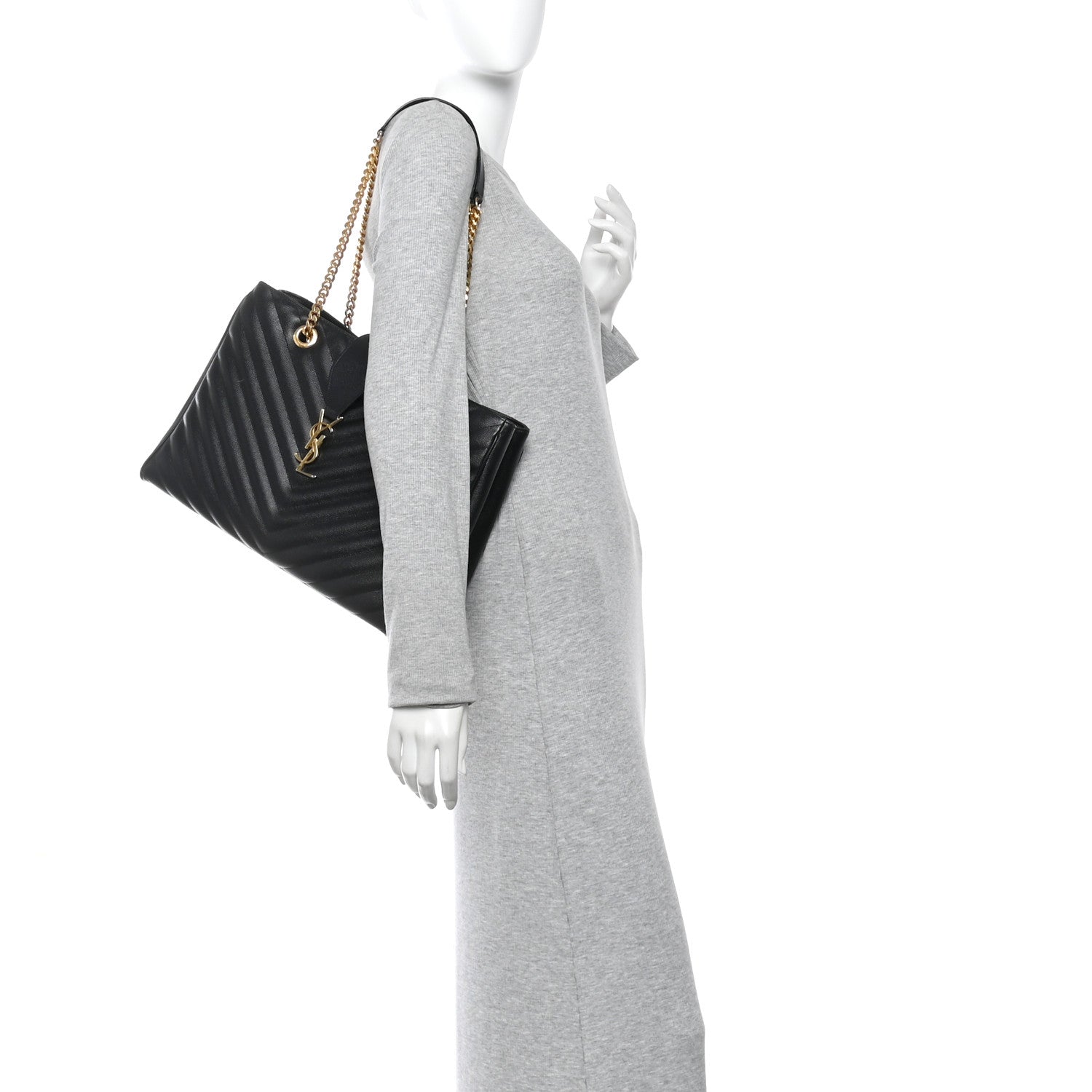 Saint Laurent Grain De Poudre Matelasse Chevron Monogram Shopping Bag Black 2 of 12