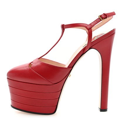 Gucci Malaga Kid Angel T-Strap Platform High Heel Pumps 37.5 Hibiscus Red 1 of 7