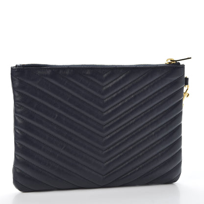 Saint Laurent Calfskin Matelasse Chevron Monogram A5 Wristlet Deep Marine 2 of 9