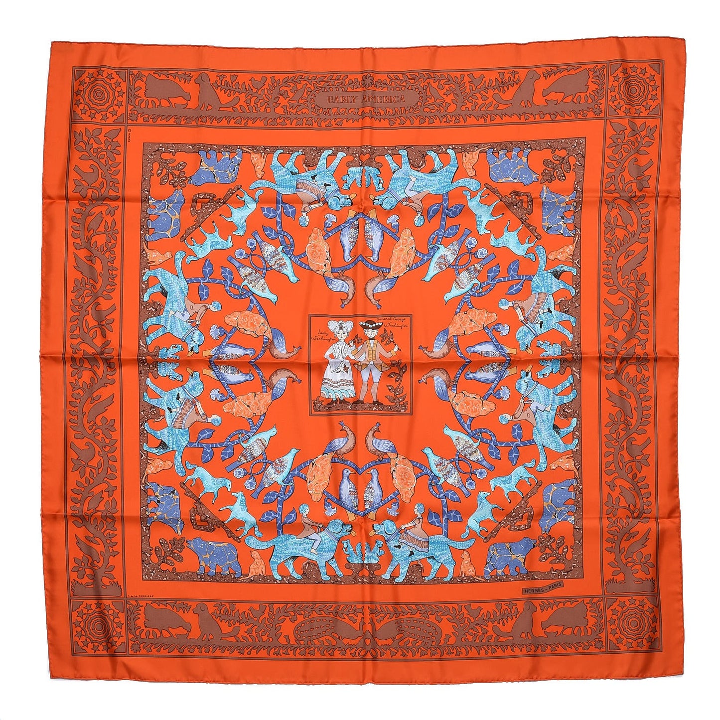 Silk Early America Scarf 90 Orange Turquoise Havane