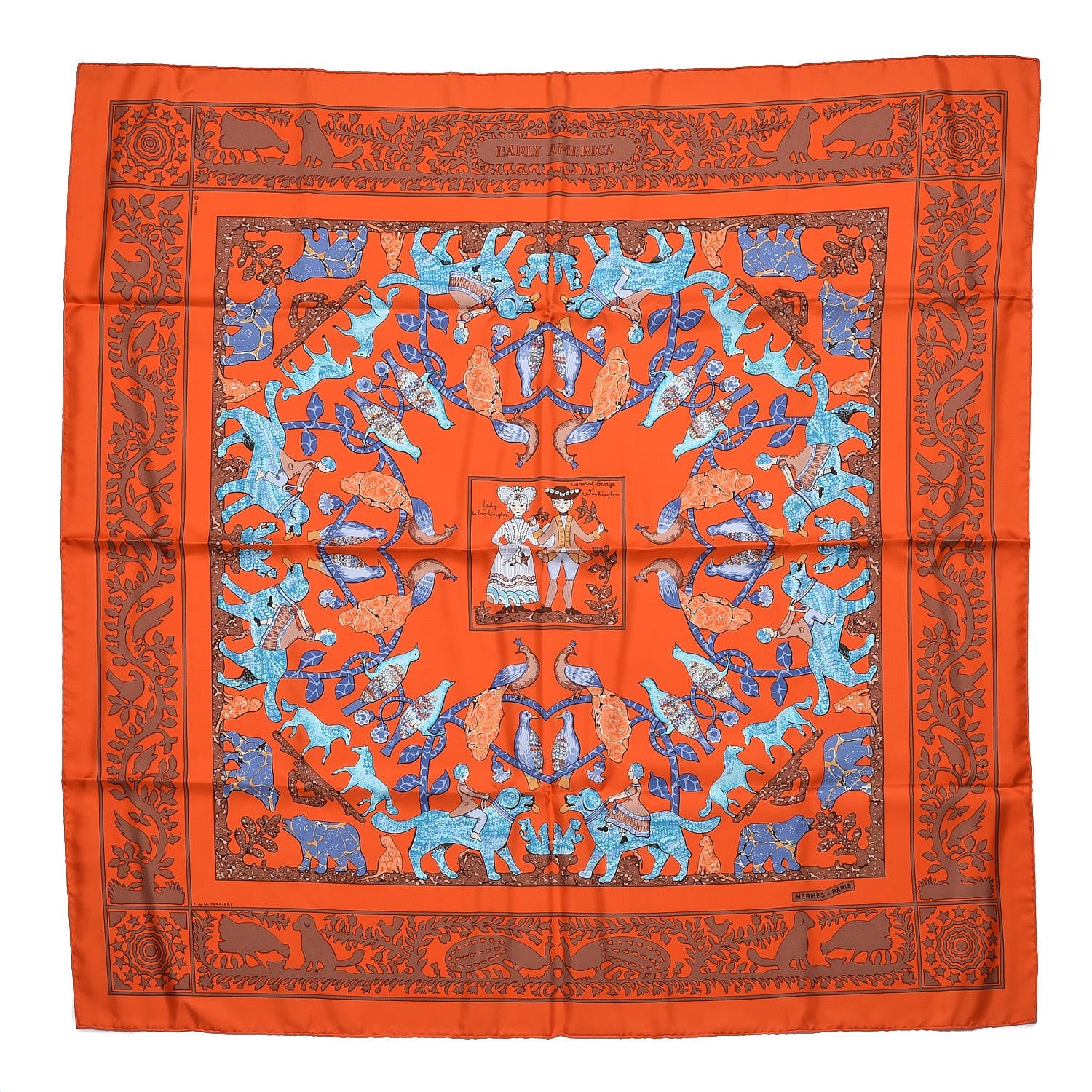 Hermes Silk Early America Scarf 90 Orange Turquoise Havane 1 of 7