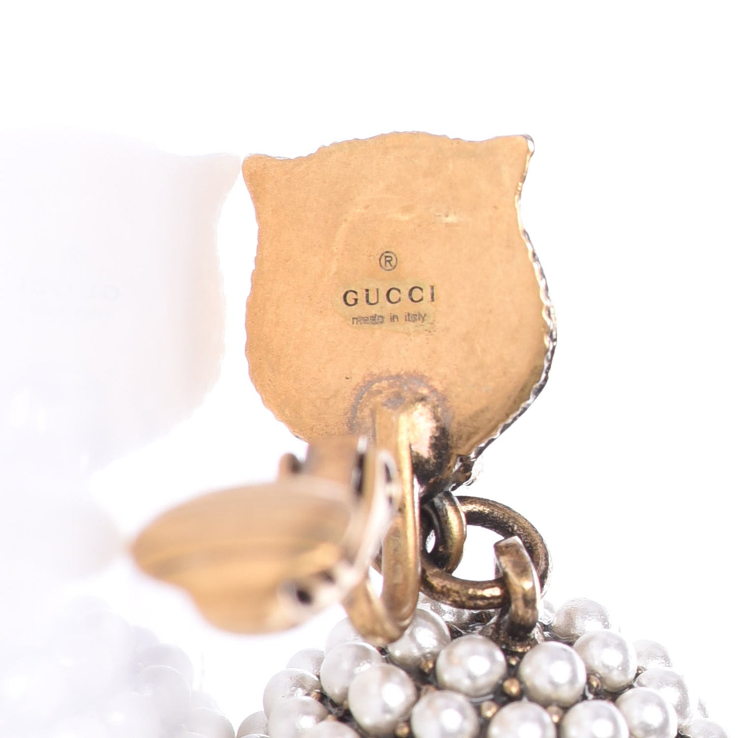 Metal Resin Pearl Feline Clip On Earrings Aged Gold