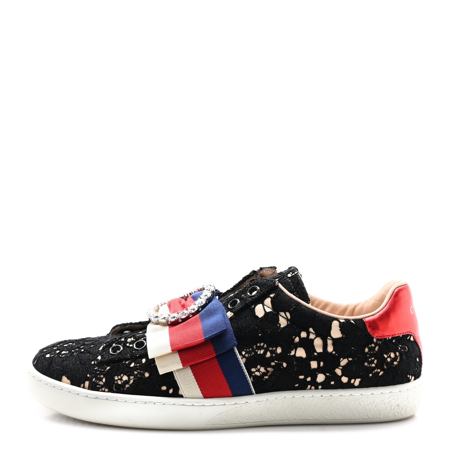 Gucci Lace Crystal Sylvie Web Flower Leaf Womens Ace Sneakers 37 Black Tan Beige 1 of 11