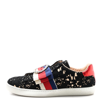 Gucci Lace Crystal Sylvie Web Flower Leaf Womens Ace Sneakers 37 Black Tan Beige 1 of 11
