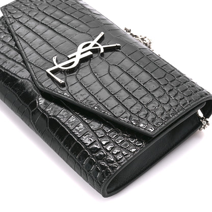 Saint Laurent Calfskin Crocodile Embossed Monogram Uptown Chain Wallet Black 13 of 13