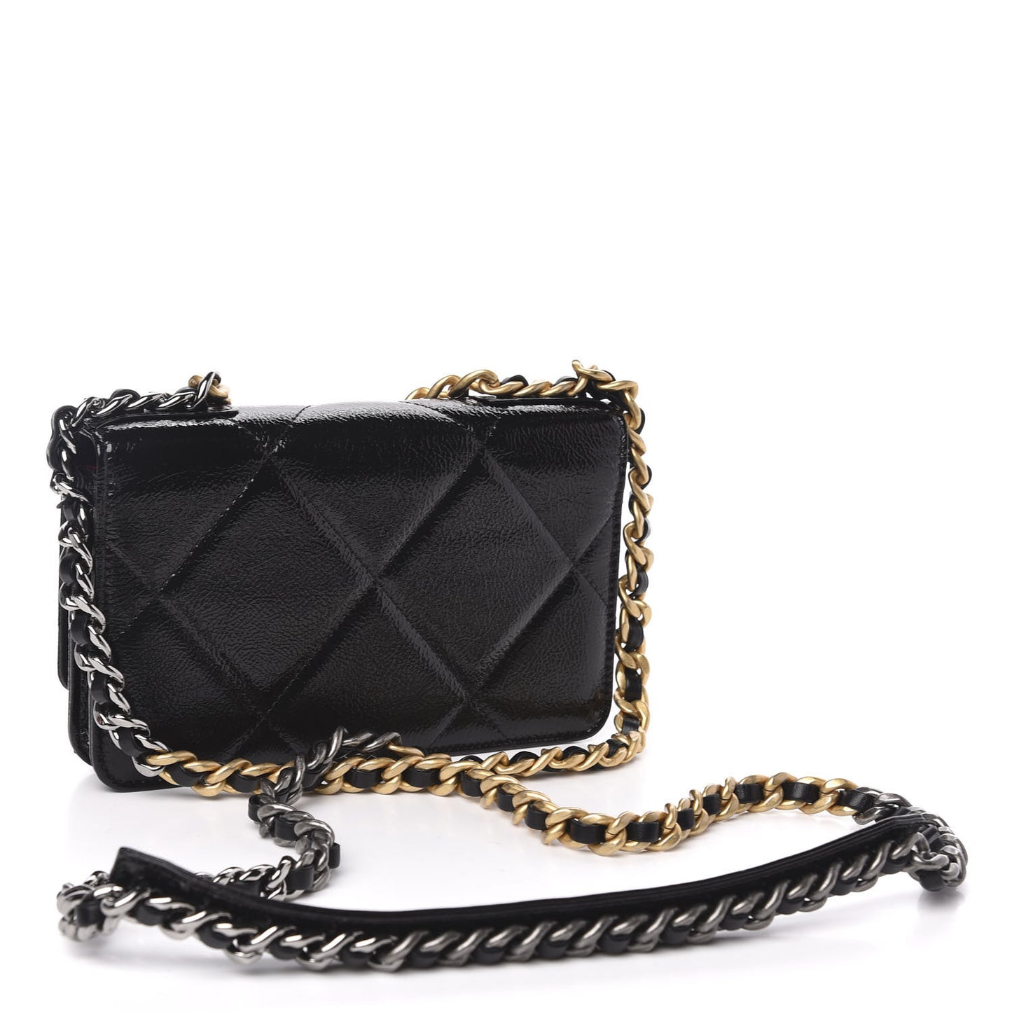 Shiny Crumpled Calfskin Quilted 19 Wallet On Chain WOC Black
