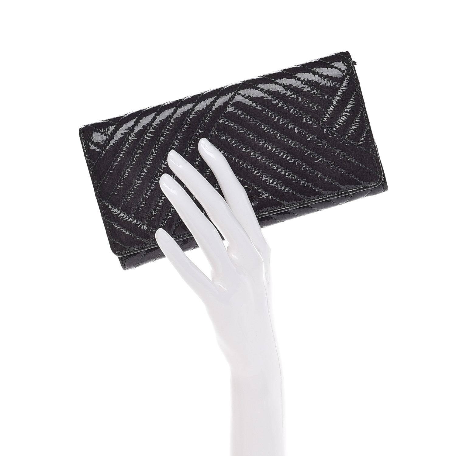 Chanel Distressed Patent Chevron Quilted CC Crossing Long Flap Wallet Grey 2 of 11