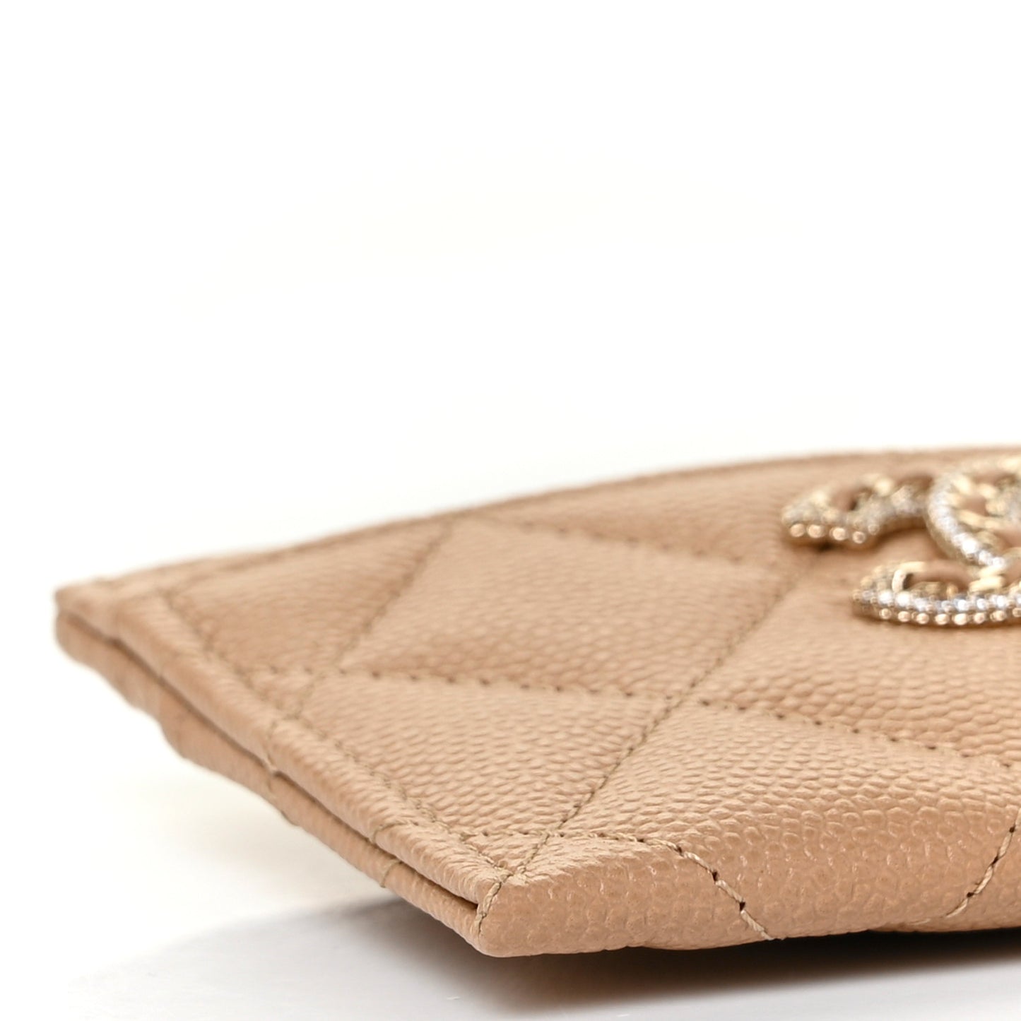 Caviar Quilted Crystal Card Holder Beige