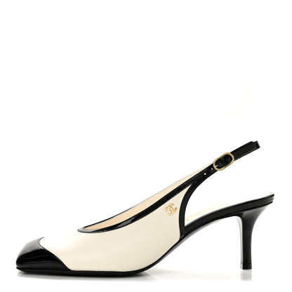 Chanel Lambskin Patent Calfskin Cap Toe CC Slingback Pumps 38.5 White Black 1 of 10
