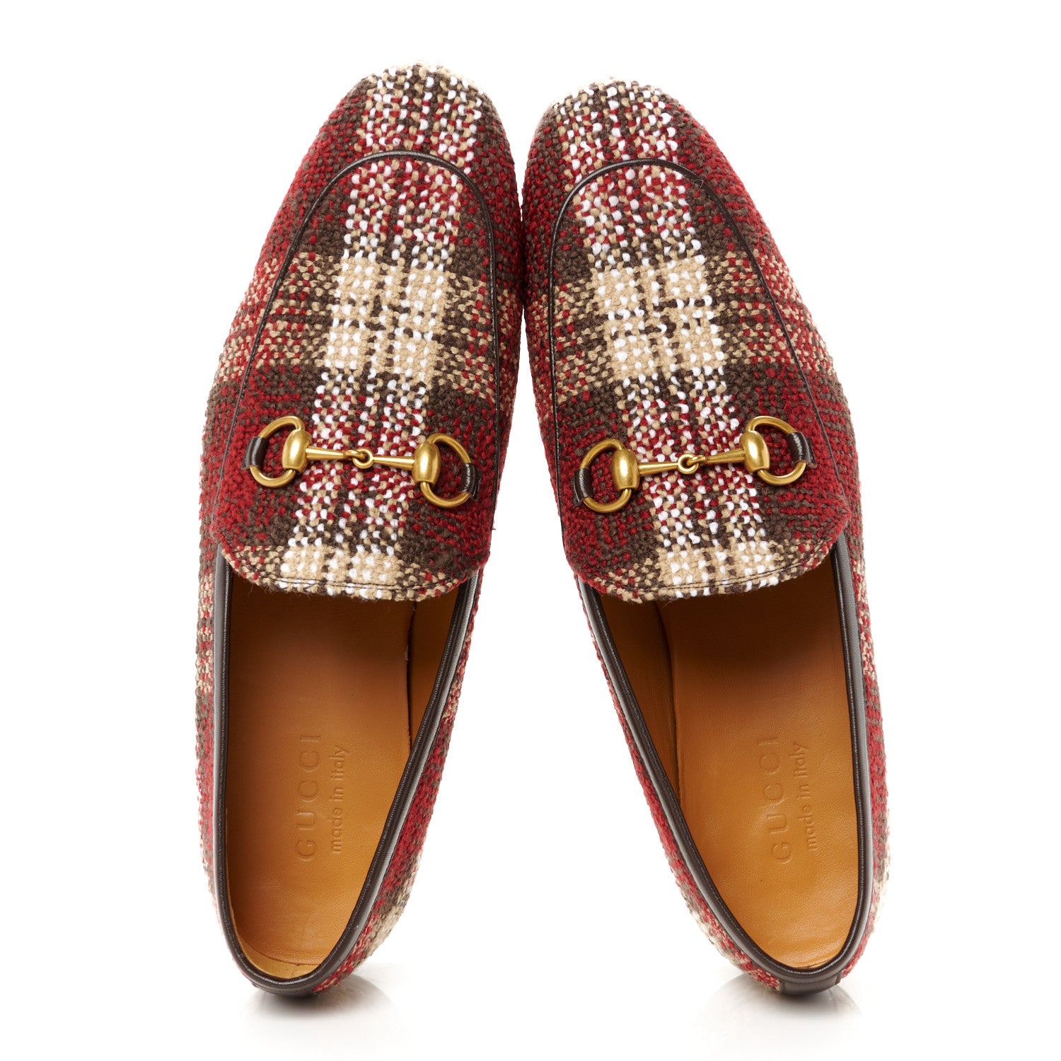 Gucci Vintage Tweed Check Horsebit Mens Jordaan Loafers 9 Red Beige White 2 of 10