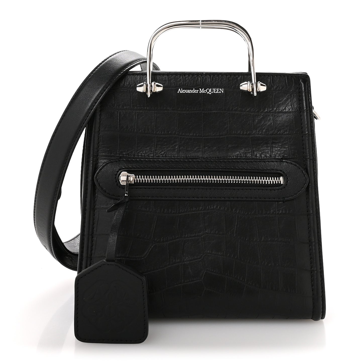Crocodile Embossed Calfskin The Short Story Shoulder Bag Black