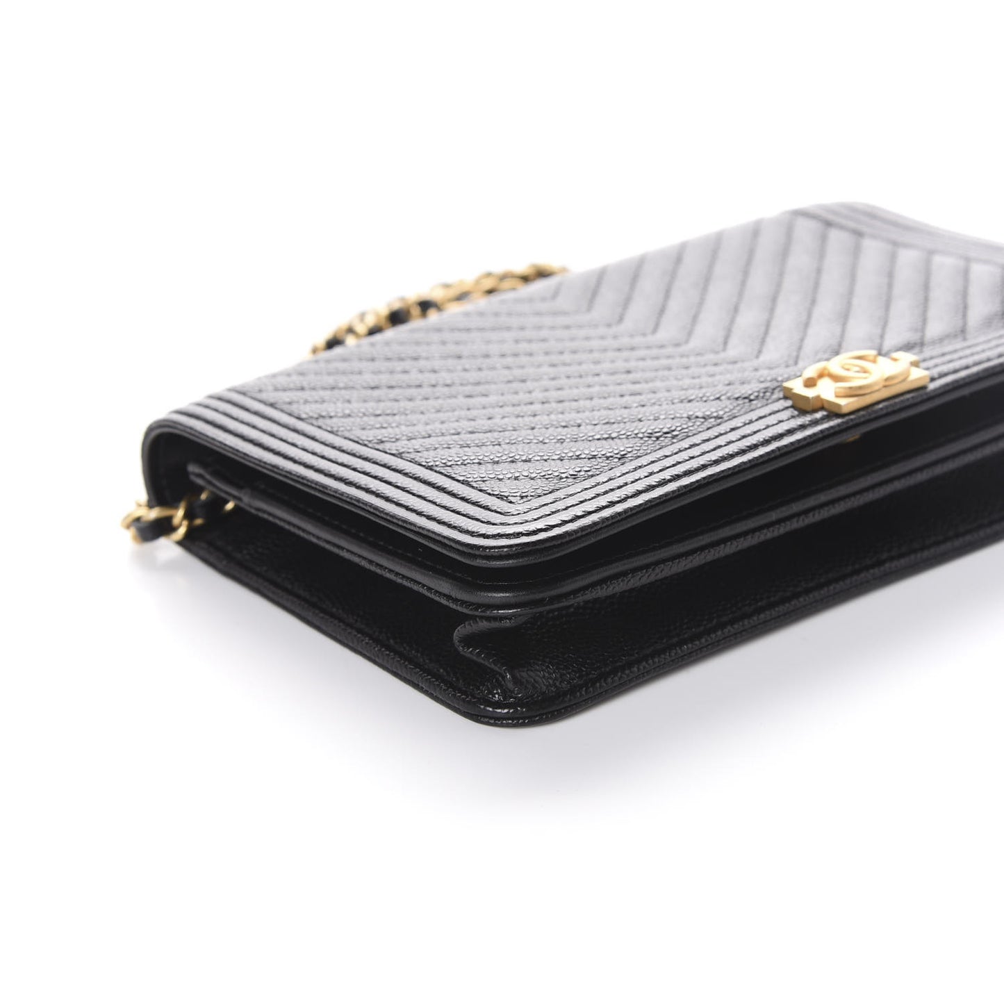 Caviar Chevron Quilted Boy Wallet On Chain WOC Black
