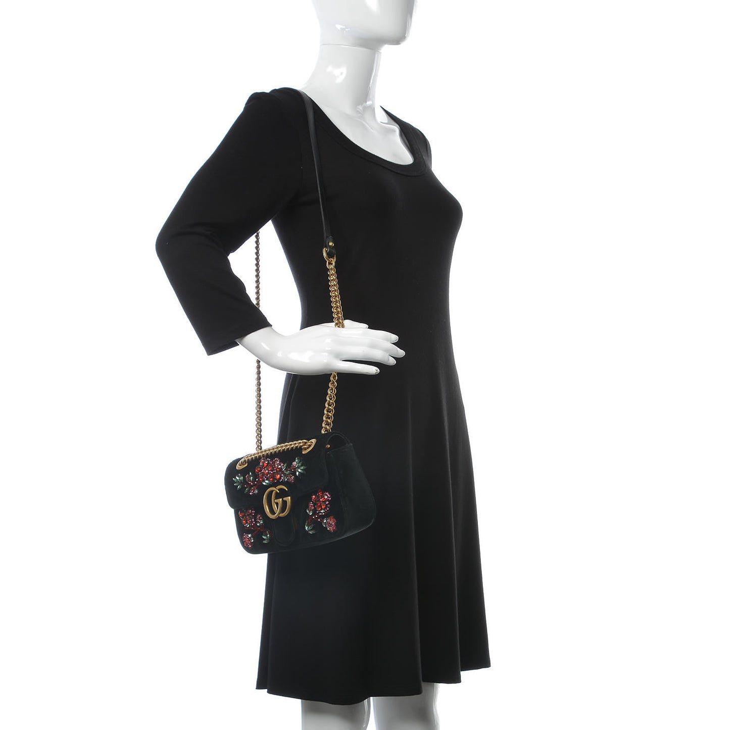 Velvet Matelasse Embroidered Mini GG Marmont Shoulder Bag Black