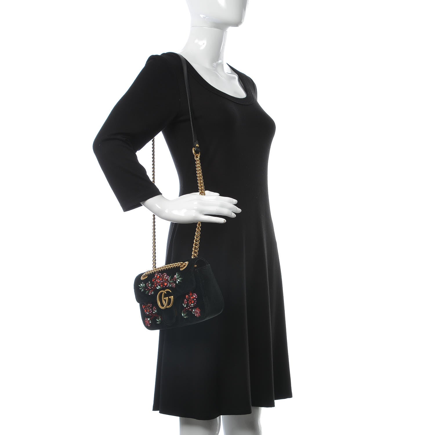 Gucci Velvet Matelasse Embroidered Mini GG Marmont Shoulder Bag Black 2 of 9