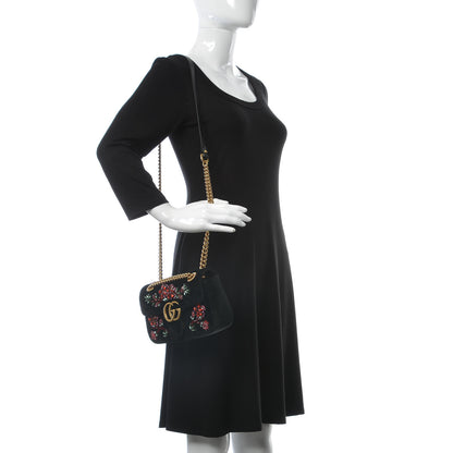 Gucci Velvet Matelasse Embroidered Mini GG Marmont Shoulder Bag Black 2 of 9