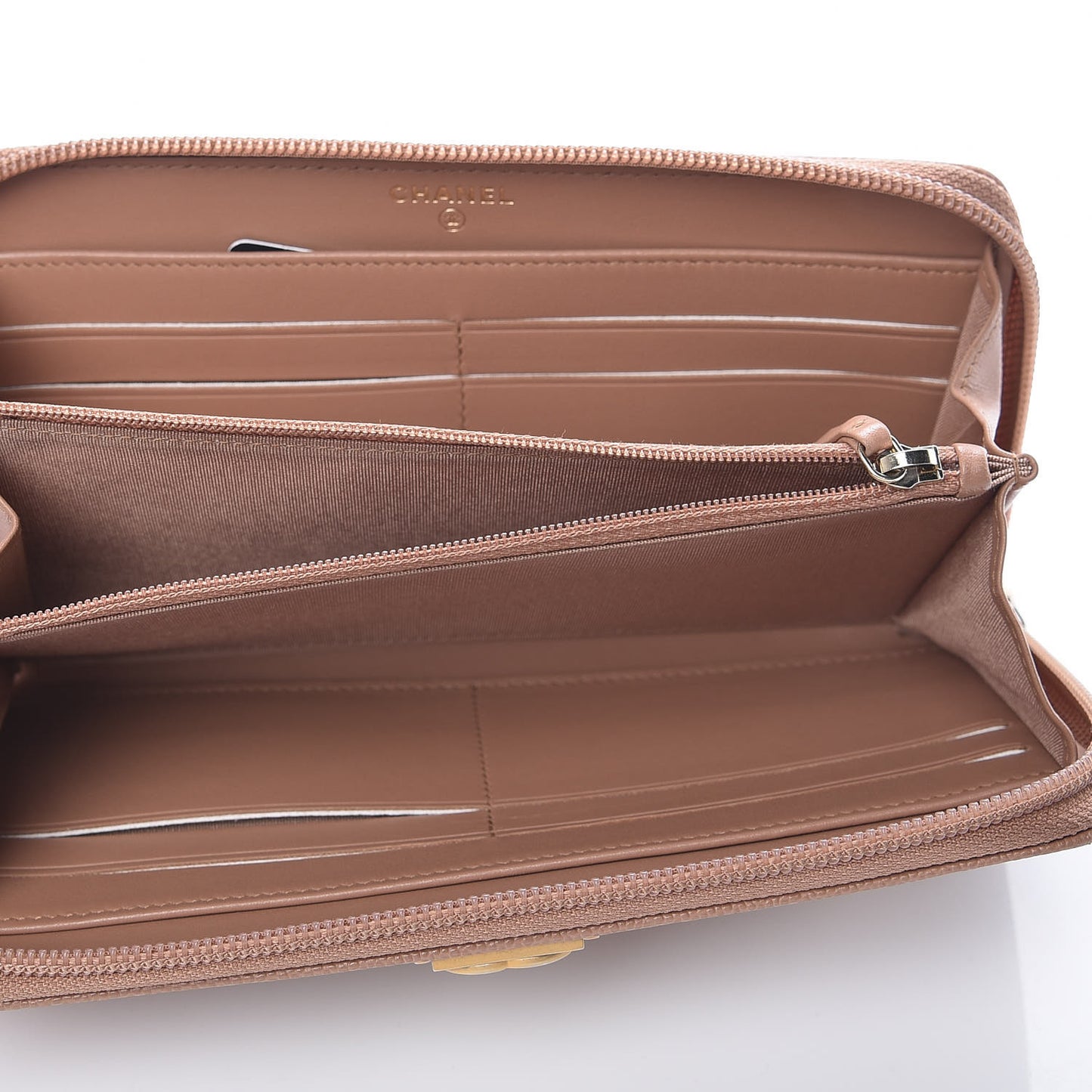 Caviar Chevron Quilted Zip Around Boy Wallet Light Brown
