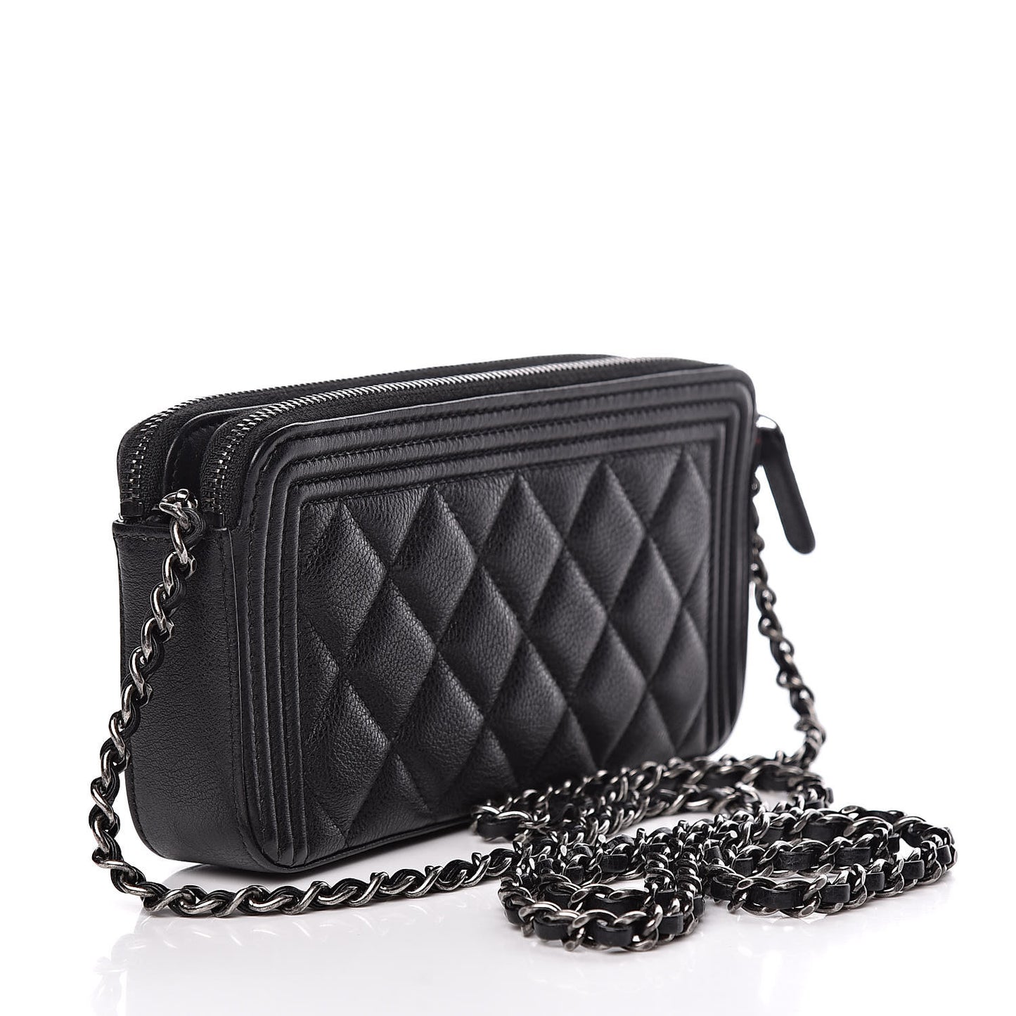 Calfskin Quilted Small Boy Clutch With Chain Black