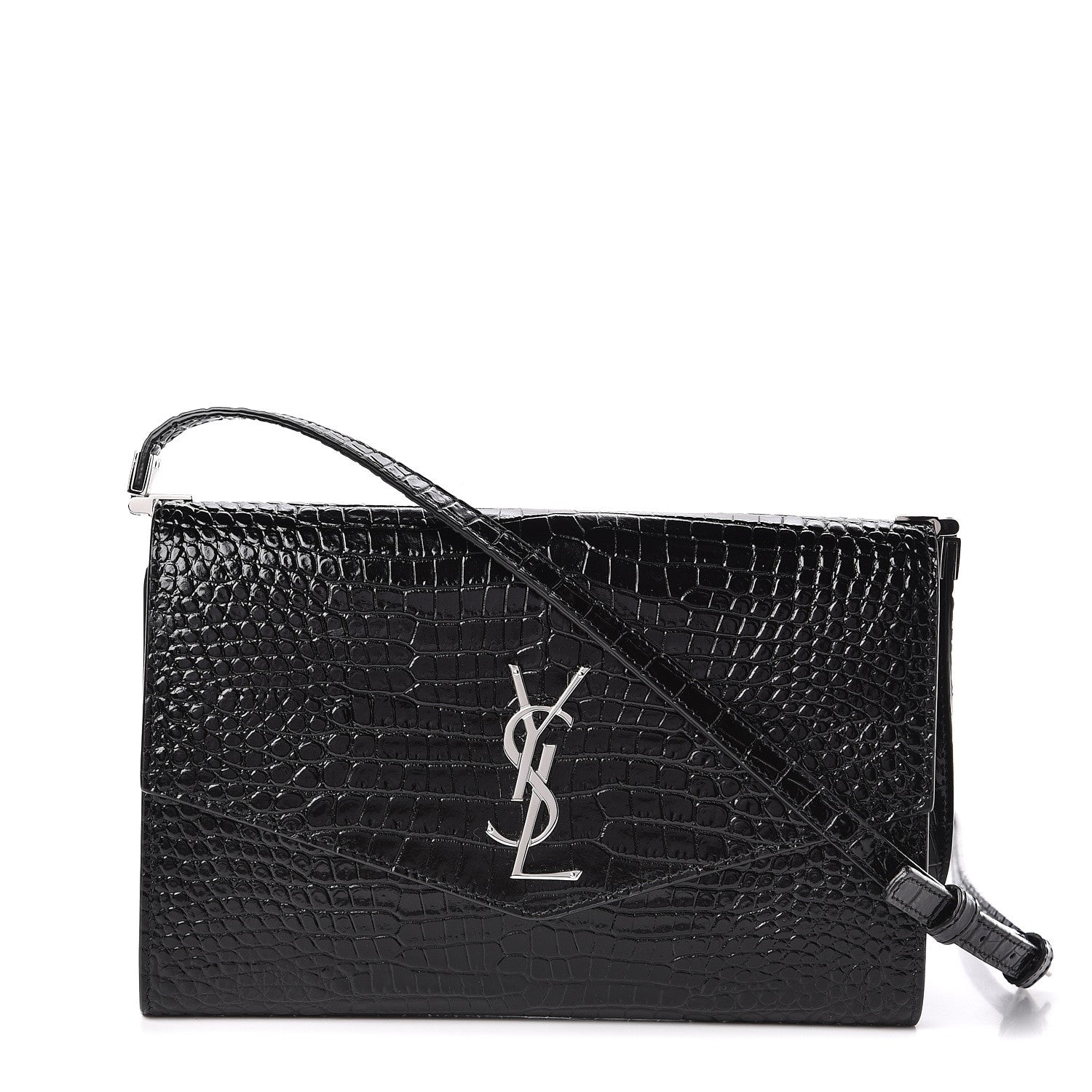 Saint Laurent Calfskin Crocodile Embossed Monogram Uptown Crossbody Black 1 of 11