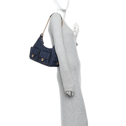 Chanel Washed Denim Quilted Cargo Large Hobo Dark Blue 2 of 10
