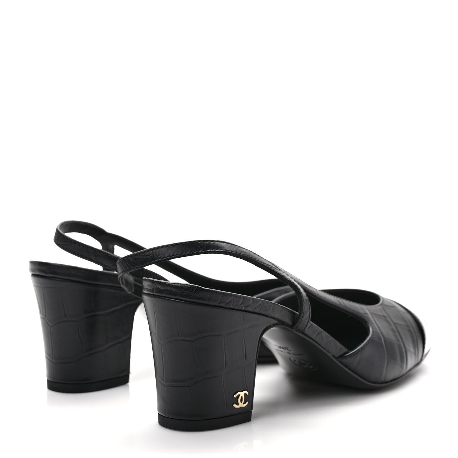 Chanel Calfskin Crocodile Embossed Patent Cap Toe CC Slingback Sandals 38 Black 4 of 8