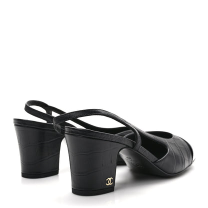 Chanel Calfskin Crocodile Embossed Patent Cap Toe CC Slingback Sandals 38 Black 4 of 8