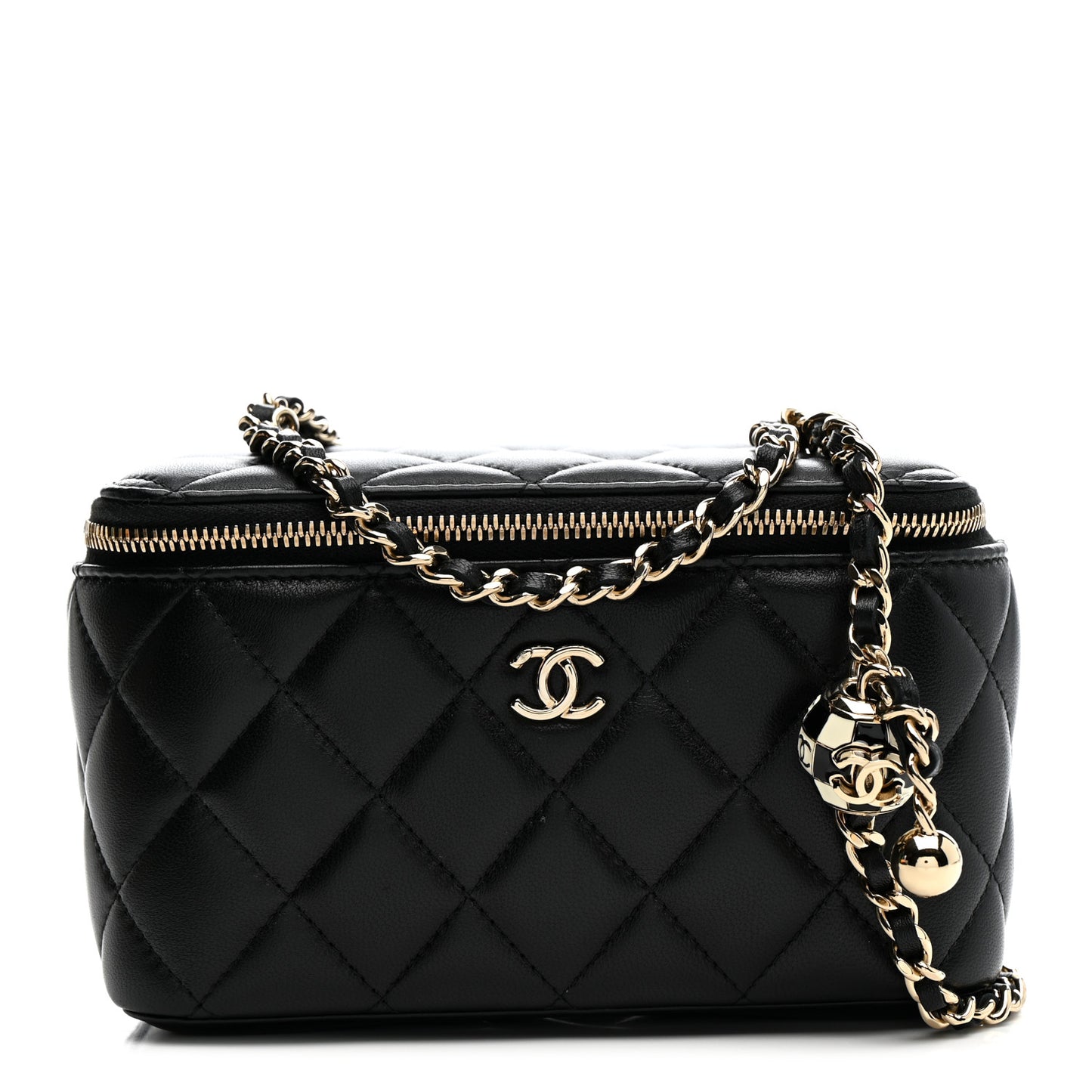 Lambskin Quilted Enamel CC Pearl Crush Small Vanity Case With Chain Black
