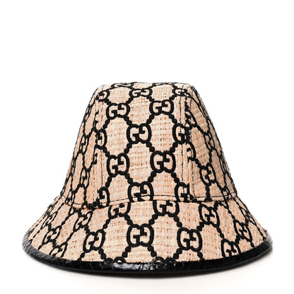 Gucci Raffia Elaphe GG Monogram Embroidered Fedora Hat L Ivory Black 2 of 8
